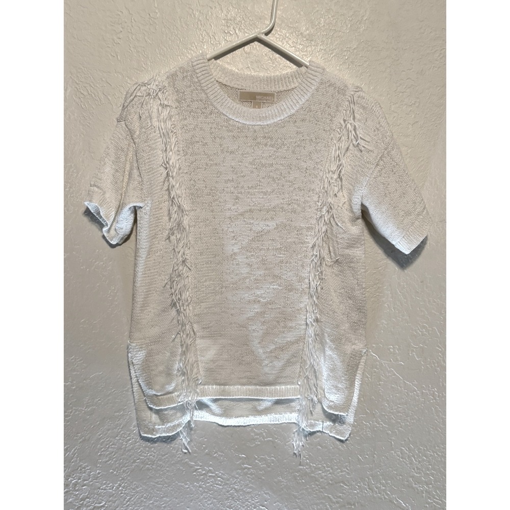 Michael Kors White Fringe Short Sleeve Knit Sweater Top Size S